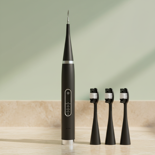 Détartreur noir avec embouts sur fond coloré